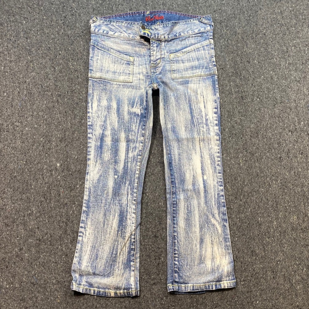 Blue Taboo Jeans Sz‎ 5 Womens Y2K Grunge Acid Wash Flare Low Rise Patch Pocket - Picture 1 of 11